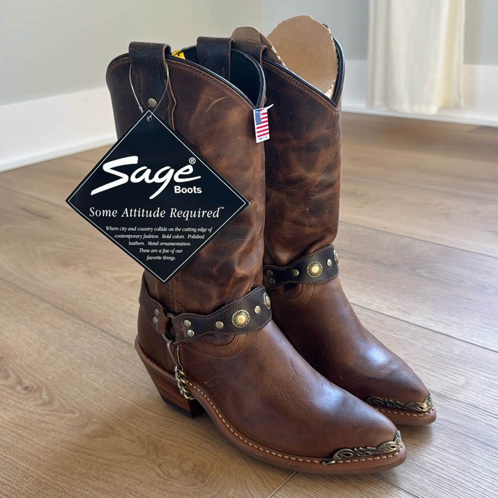 Sage Women's Antique Tan with Concho Strap J-Toe Cowboy Boots